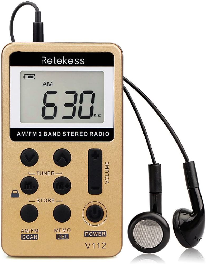 Retekess V112 Radio de Poche Personnel AM/FM Mini Récepteur Portable avec Batterie Rechargeable avec Écouteur(Or) 