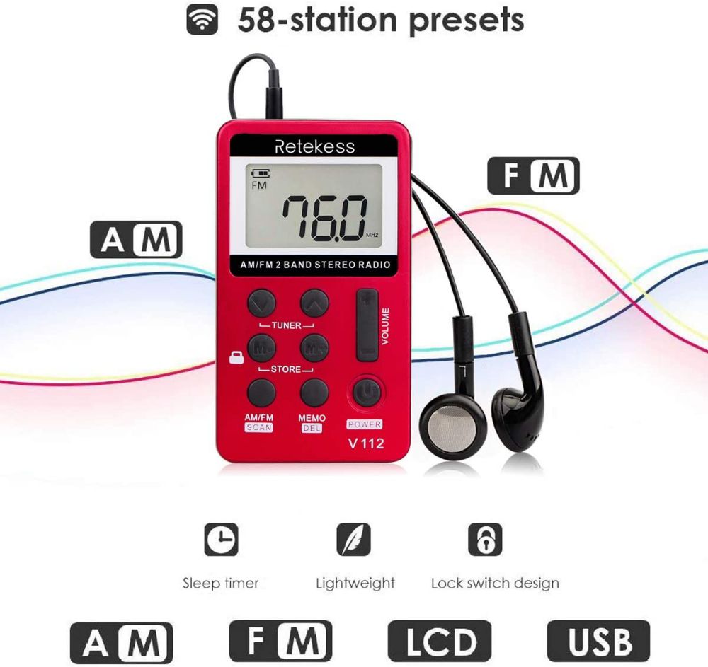 Retekess V112 Radio de Poche Portable Mini Récepteur AM FM  (Rouge) 