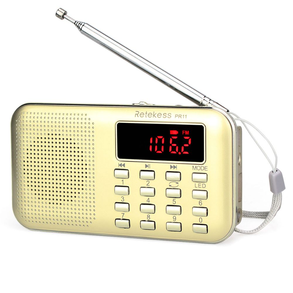 Retekess PR11 Radio de Poche AM FM à Transistor Portable Lecteur MP3 Support Disque USB et Carte TF avec Lampe de Poche d'urgence (doré) 
