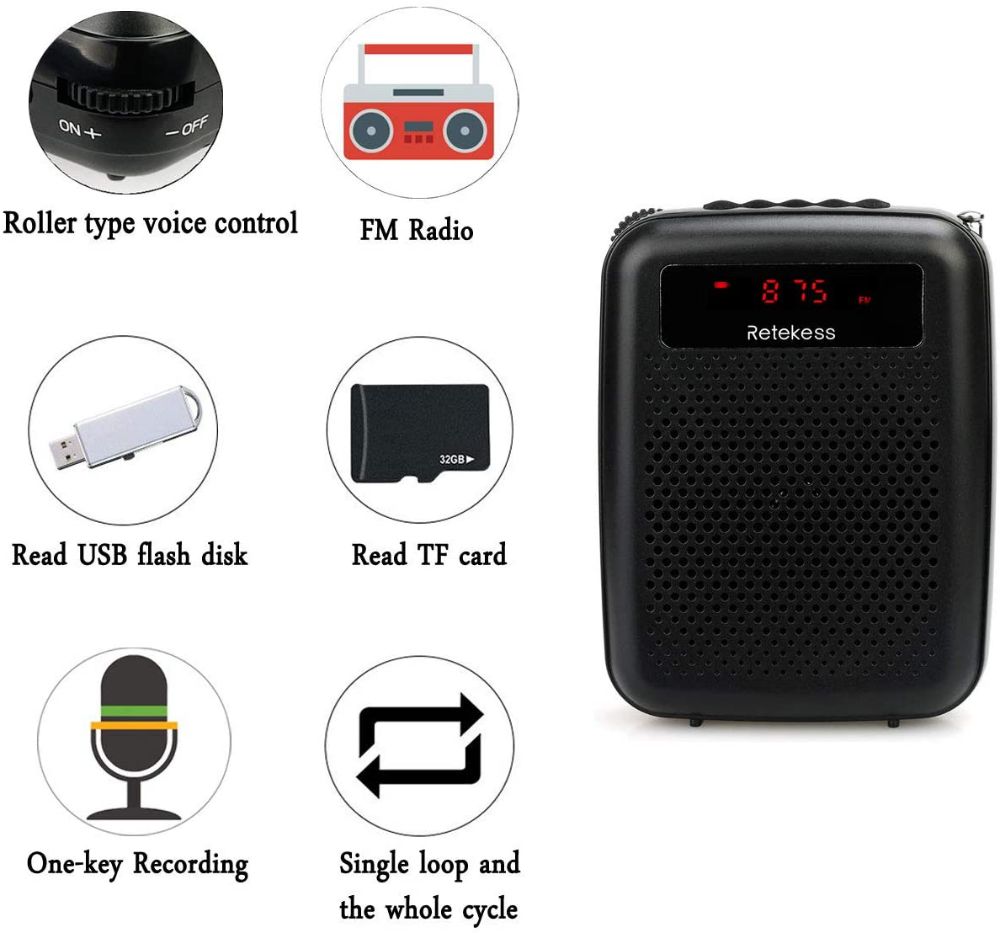 Retekess PR16R Amplificateur Vocal Portable Radio FM Haut-Parleur avec Fonction d'Enregistrement Lecteur MP3