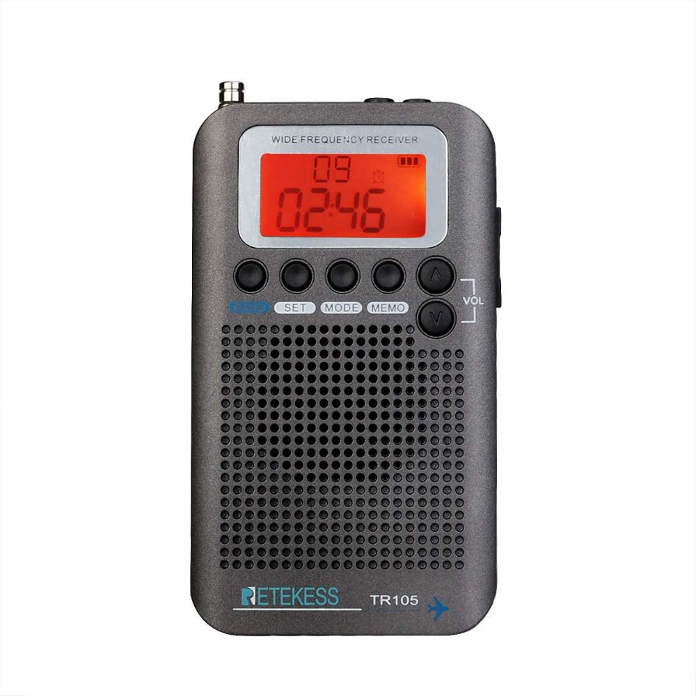 Retekess TR105 Radio à Ondes Courtes Portable Récepteur de Bande d'avion FM AM SW CB AIR VHF Radio de Syntonisation Numérique avec Fonction Minuterie et Horloge (Gris)