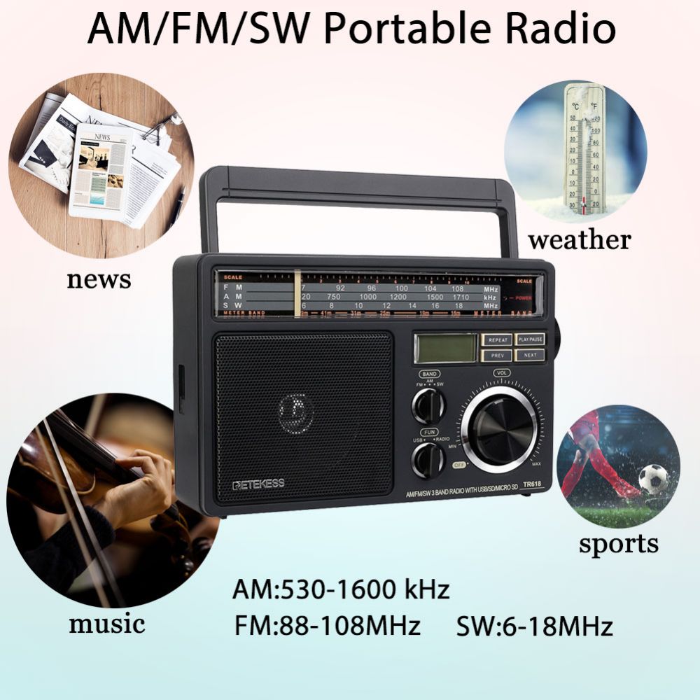 Retekess TR618 Radio Portable FM AM SW Radio pour Personnes Âgées, Radio Analogique à Ondes Courtes,Prise en Charge USB, SD/TF Carte,avec Prise de Casque,Alimentation Secteur ou Batterie(Gris Foncé)