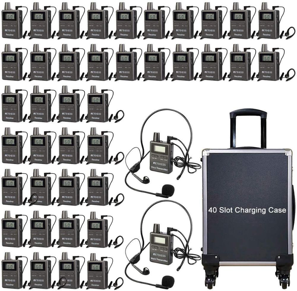 Retekess TT105 Tour Guide System 2 Transmitter Simultaneous Translation Equipment for Factory Museum Church 2 Transmitter 40 Receiver with Housing