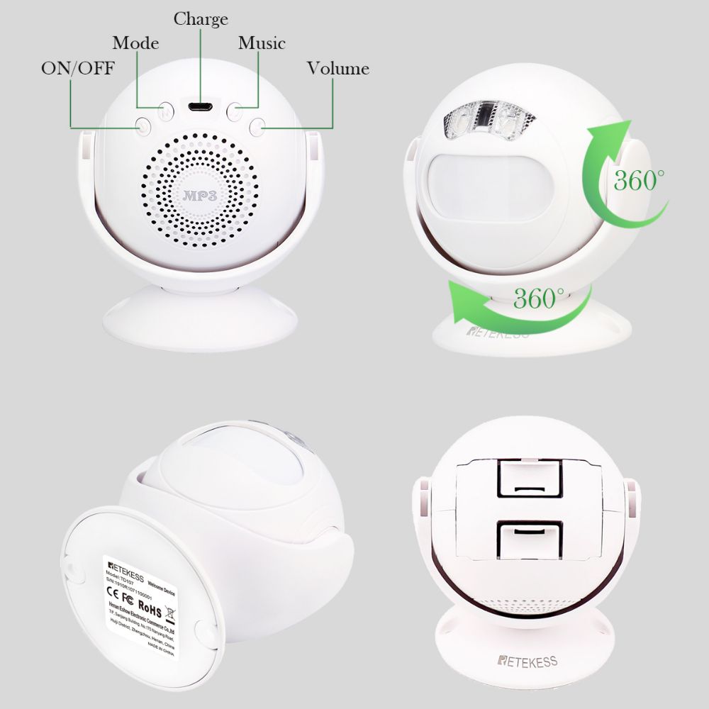 Retekess TD107 Détecteur de Mouvement Sonnette DIY Alarm Veilleuse Système d’Alarme en Boutique Maison Passage Blanc