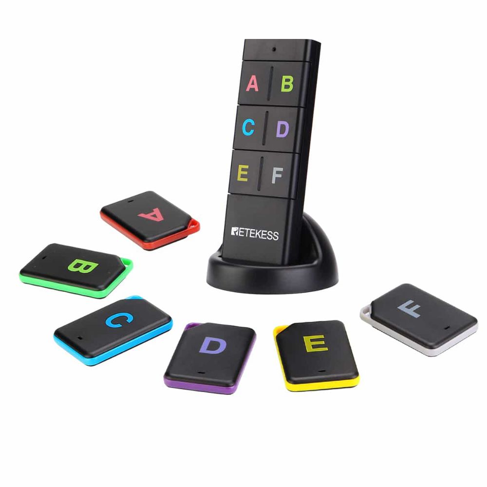 Retekess TH104 Localisateur de Clé, Détecteur de clé Portefeuille Tracker 2 Type d'Autocollant Longue Portée 40 m Fort 85 DB Traqueur de Clé Pet Tracker (1 Émetteur avec 6 Récepteurs)