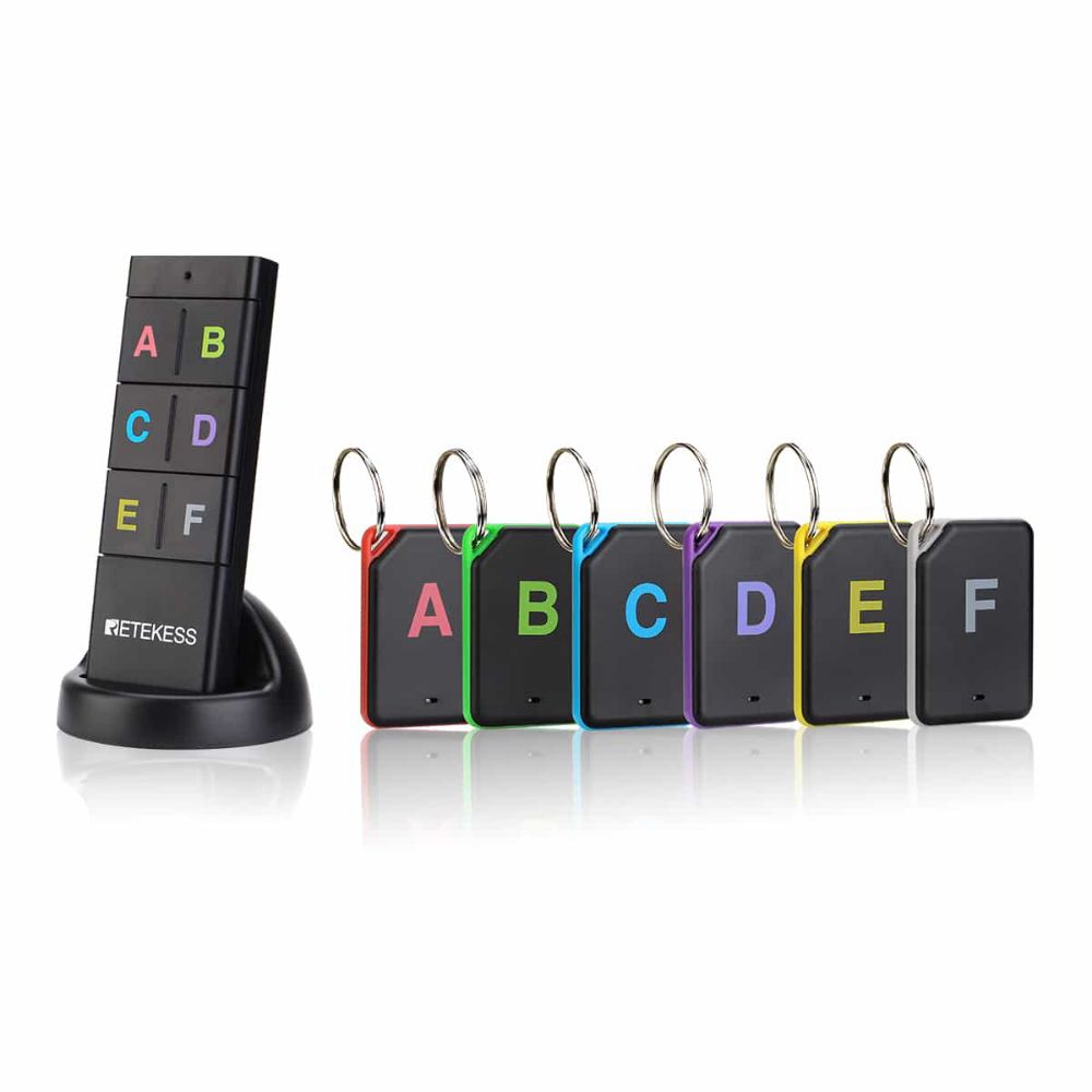 Retekess TH104 Localisateur de Clé, Détecteur de clé Portefeuille Tracker 2 Type d'Autocollant Longue Portée 40 m Fort 85 DB Traqueur de Clé Pet Tracker (1 Émetteur avec 6 Récepteurs)