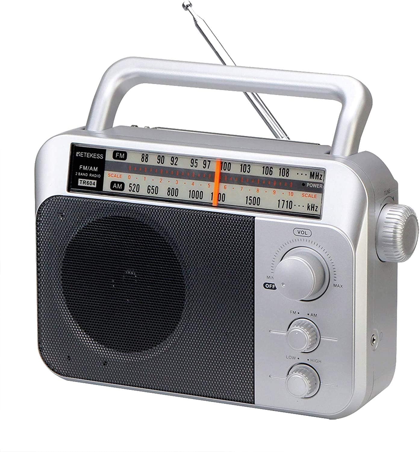 Retekess TR604 Radio Portable FM, Poste Radio Pile et Secteur, Antenne,  Transistor, Enceinte, Prise Casque, pour Personnes Âgées (Argent)