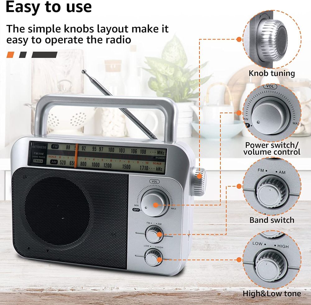Retekess TR604 Radio Portable FM, Poste Radio Pile et Secteur, Antenne, Transistor, Enceinte, Prise Casque, pour Personnes Âgées (Argent)