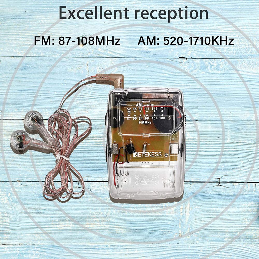 Retekess TR624 AM/FM Radio de Poche Radio Transparente Version Claire avec 3.5mm Casque, Clip de Ceinture pour Collectionneurs et Amateurs de Radio 