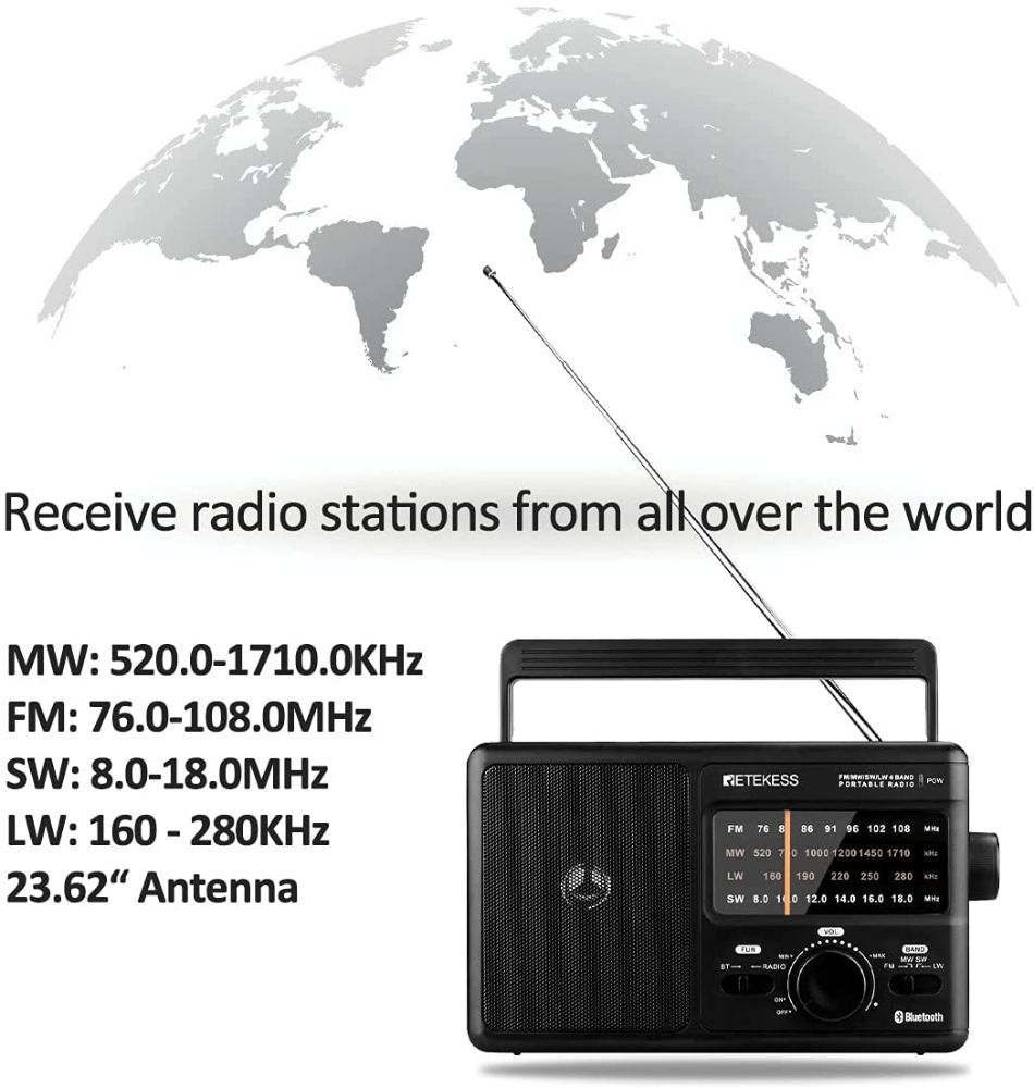 Retekess TR626 AM FM LW Radio à Ondes Courtes, Récepteur Radio Bande Mondiale, Portable Radio de Bureau avec Bluetooth, Alimenté par AC ou D Batteries, Adapté pour Maison (Noir) 
