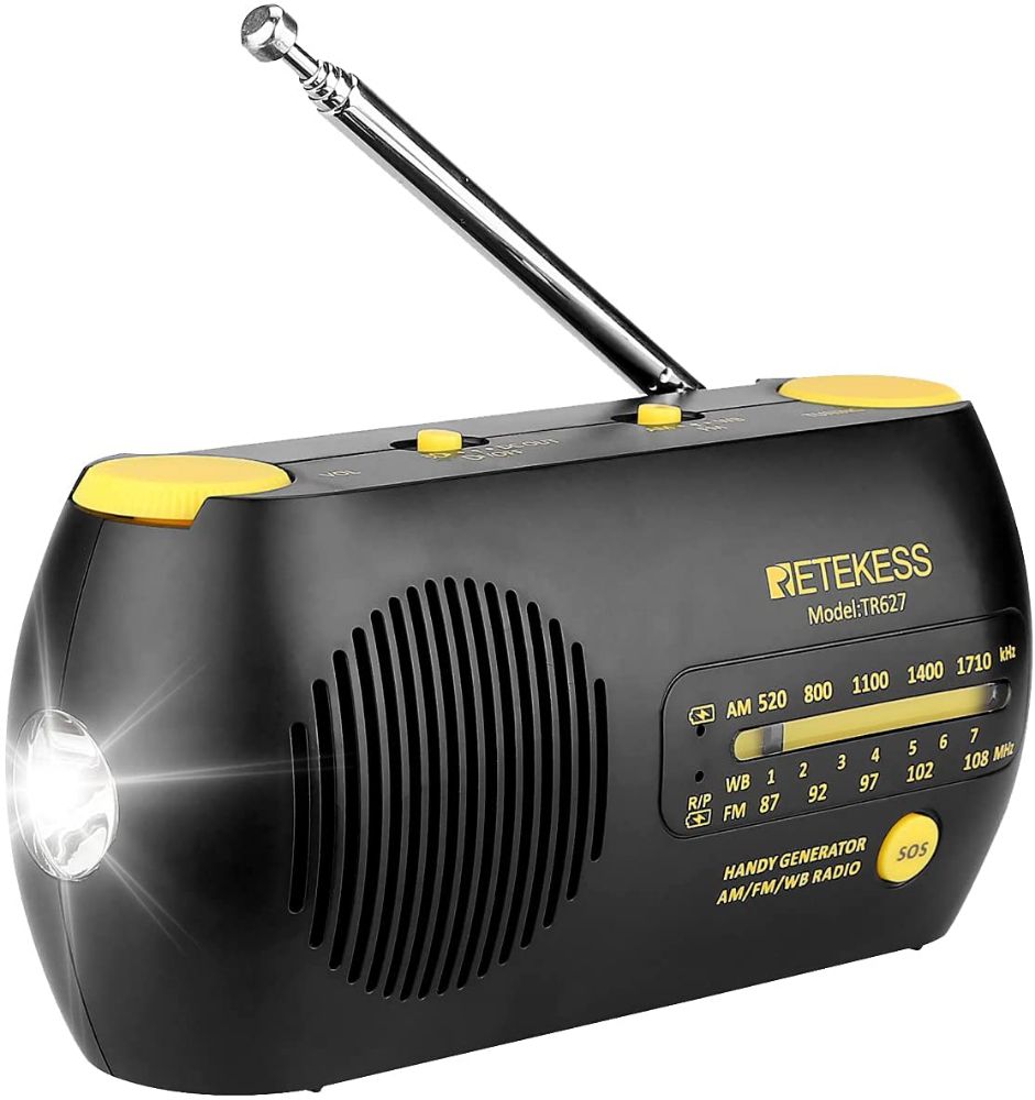 Retekess TR627 Wind Up Radio Portable,AM/FM Radio, Portable Radio d’urgence Lampe de PocheChargeur de Téléphone Portable, Alimenté par 1200mAh Batteries ou AAA Batteries(Noir)