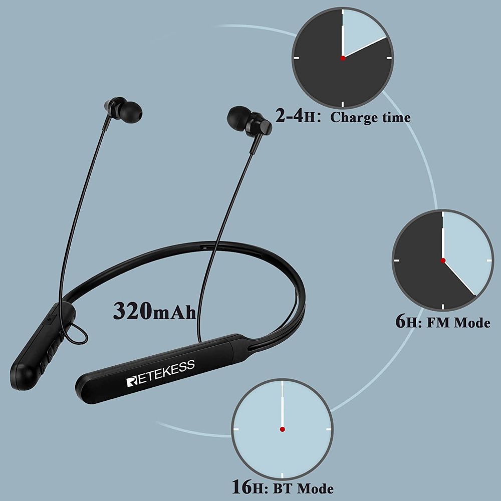 Retekess TR108 FM Radio Casque, Casque Bluetooth Neckband, Support FM Stéréo, Bluetooth Appel, Rechargeable Batteries et Affichage Numérique, Convient pour Marche 