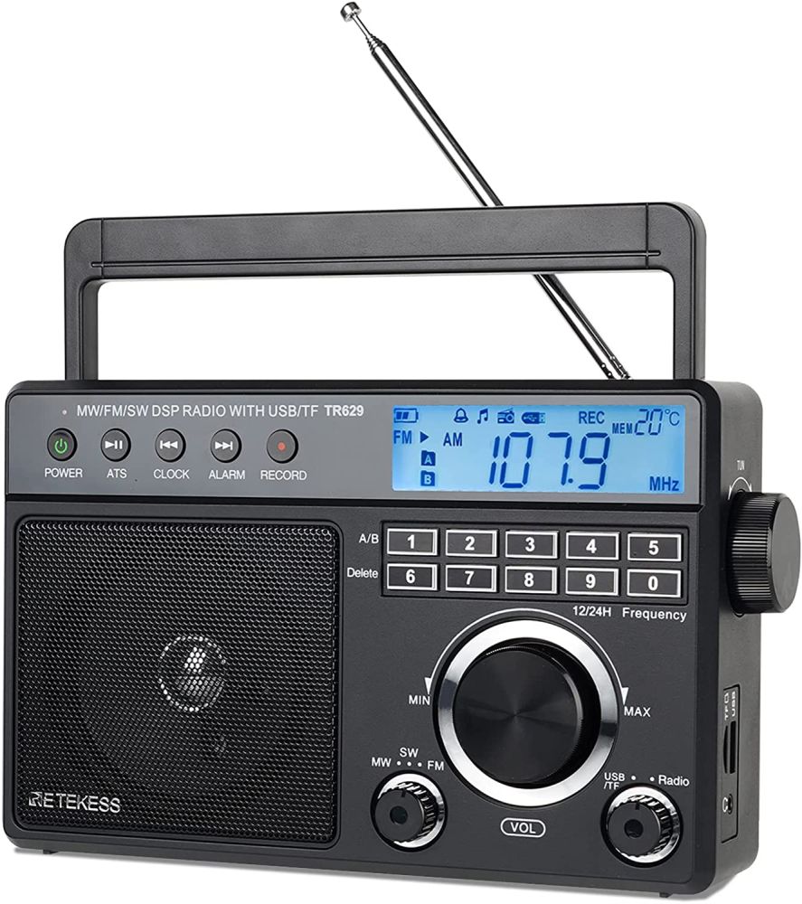 Retekess TR629 Radio Portable, Poste Radio Réveil FM AM Numérique Terrestre DSP, Support USB/Micro SD Cartes, AC ou Piles, avec 3.5mm Casque, Minuterie de Sommeil