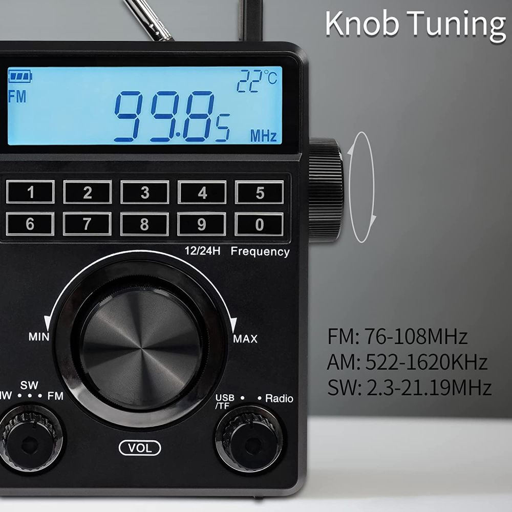 Retekess TR629 Radio Portable, Poste Radio Réveil FM AM Numérique Terrestre DSP, Support USB/Micro SD Cartes, AC ou Piles, avec 3.5mm Casque, Minuterie de Sommeil