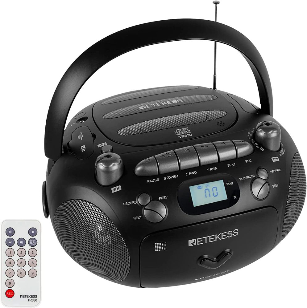 Retekess TR630 Lecteur CD Portable et Enregistreur de Cassettes avec Télécommande, Radio FM AM, Lecture USB/TF Carte, Piles et Secteur, Support Son Stéréo（Noir）