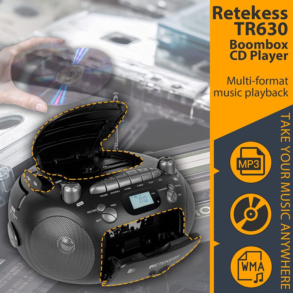 Retekess TR630 Lecteur CD Portable et Enregistreur de Cassettes avec Télécommande, Radio FM AM, Lecture USB/TF Carte, Piles et Secteur, Support Son Stéréo（Noir）