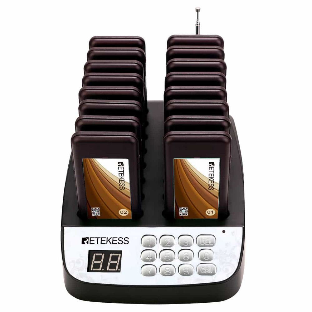Retekess T113 Système d’Appel sans Fil Petit Restaurant Bipeur 16 Bipeurs pour Restaurant Snack-Bar Église