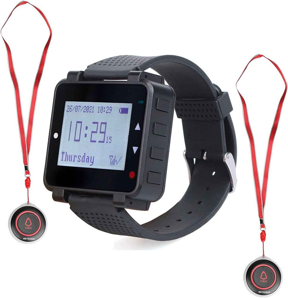 Retekess T128-TD019 Pager de montre sans fil, Bouton d'Appel d'urgence du Système d'Alerte avec Batterie Intégrée de 600 mAh pour Patient Âgé Infirmière à Domicile (1 Récepteur et 2 Émetteurs)