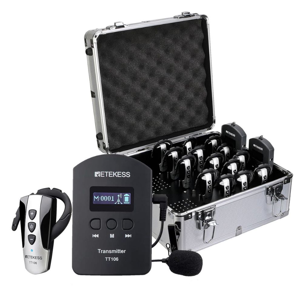 Retekess TT106 Système de Guide Audio Sans Fil Récepteur à Crochet d'oreille avec étui de Chargement à 32 Emplacements