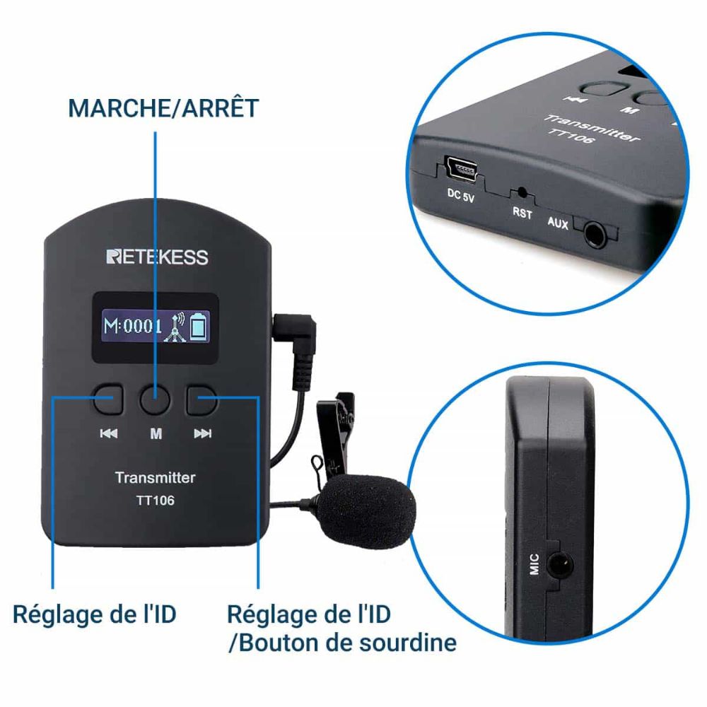 Retekess TT106 Système de Guide Audio Sans Fil Récepteur à Crochet d'oreille avec étui de Chargement à 32 Emplacements