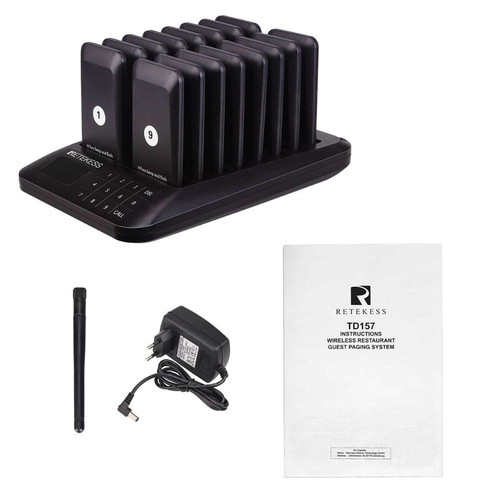 Retekess TD157 Restaurant Bipeur, Système d'Appel sans Fil, 16 Pagers Noirs, 150mAh 20H 2 Modes d'Appel, Clavier Tactile Étanche 998 Canaux sans Contact File d'Attente Snack, Bar, Hôpital, Hôtel