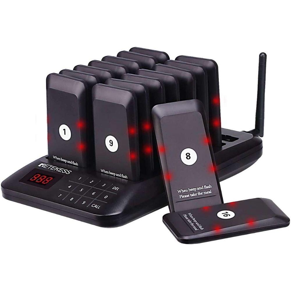 Retekess TD157 Restaurant Bipeur, Système d'Appel sans Fil, 16 Pagers Noirs, 150mAh 20H 2 Modes d'Appel, Clavier Tactile Étanche 998 Canaux sans Contact File d'Attente Snack, Bar, Hôpital, Hôtel