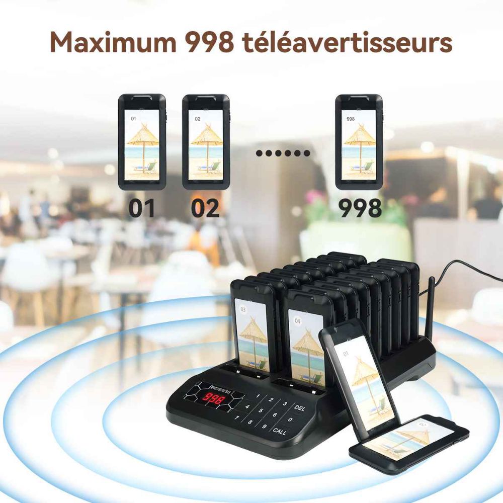 Retekess TD172 Système d’Appel sans Fil, Restaurant Bipeur, 20 Bippers Optimisé Blanc, 300mAh 18H 2 Modes d'Appel, 400M Écran Tactile Fort, Hôpital, Dentiste, Restaurant, Collation, Bar, Hôtel