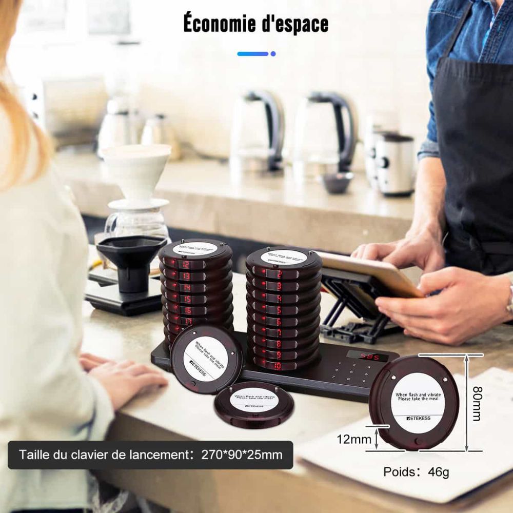 Retekess TD163 Bipeur pour Restaurant, Mini Système d’Appel sans Fil, 20 Coasters , Charge en Acier Inoxydable, 31 Modes d'Appel 250s Durée 20H Standby, 400M Écran Tactile Facile à Utiliser Hôpital, Restaurant