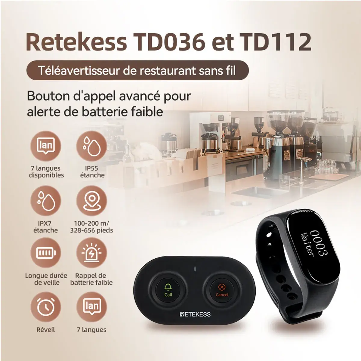 Retekess TD112 Bipeur Serveur IPX7 Étanche Montre Bipeur et Bouton D'appel TD036 Pour Restaurants, Cafés, Boulangeries