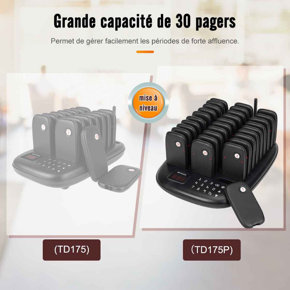 Retekess TD175P Grande Capacité Bipeur Restaurant avec 30 Pagers