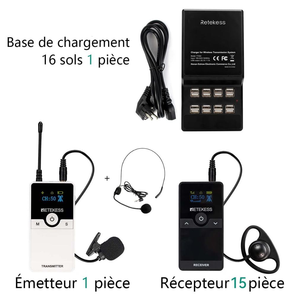 Retekess TT116 Système De Guide Audio Touristique Batterie Rechargeable Remplaçable Longue Distance De Travail avec Base De Chargement à 16 Ports