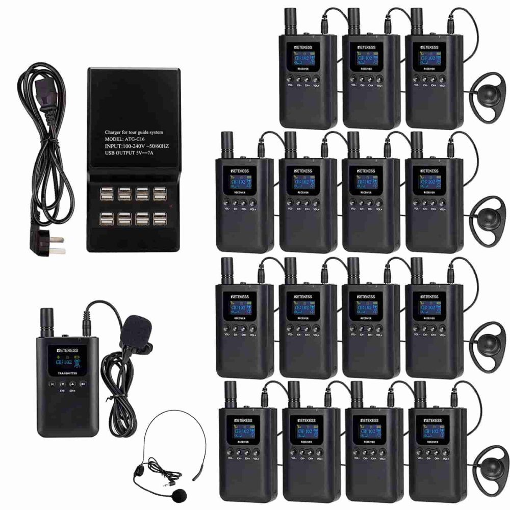 Retekess TT125 Visite Guidée Microphone et casque avec 100 Heures d'autonomie de la Batterie avec Station de Charge à 16 Fentes