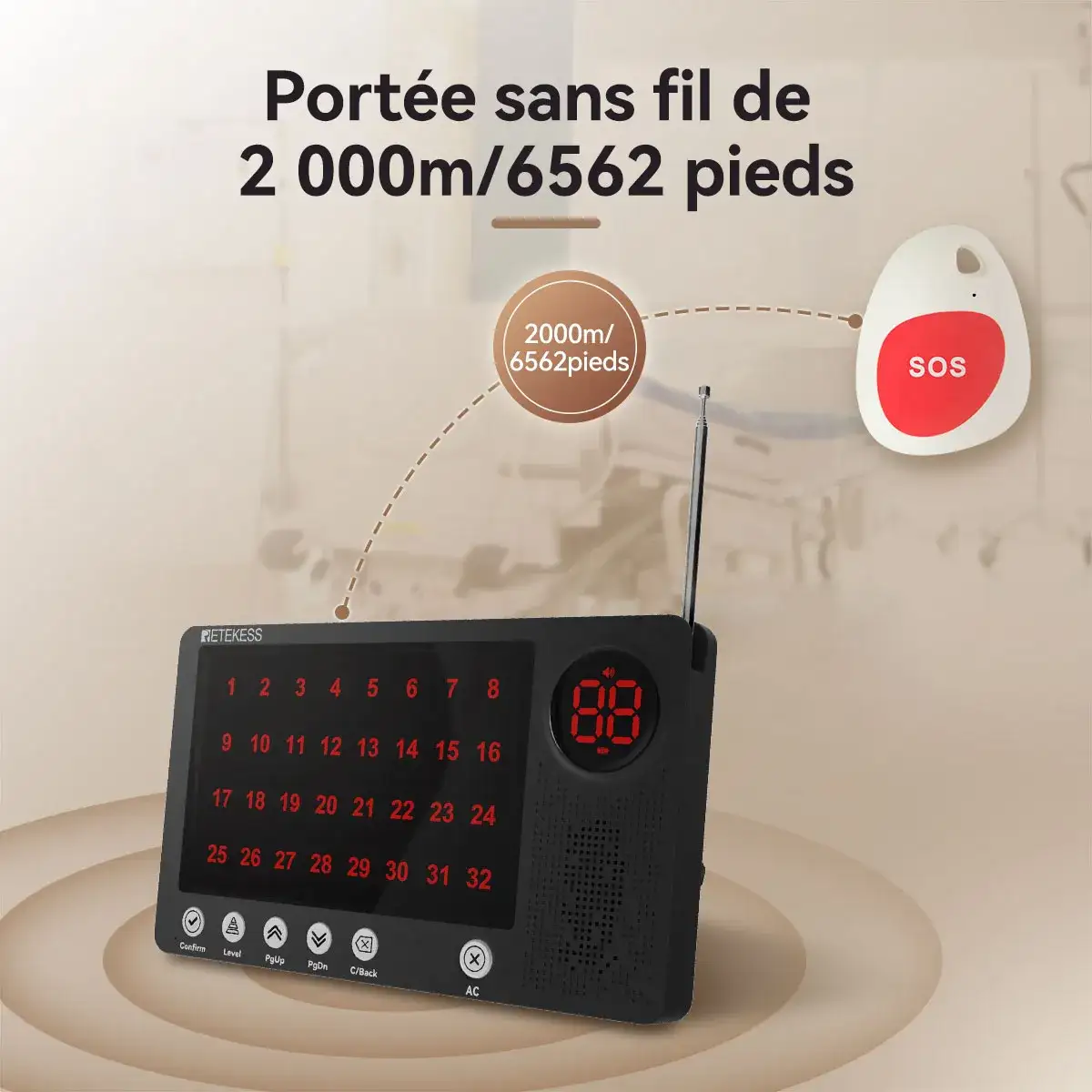 Retekess Système D'appel Infirmier Longue Portée 2000M TH108 Récepteur Hôte avec IP67 Étanche Bouton D'appel TH010 pour Soignants