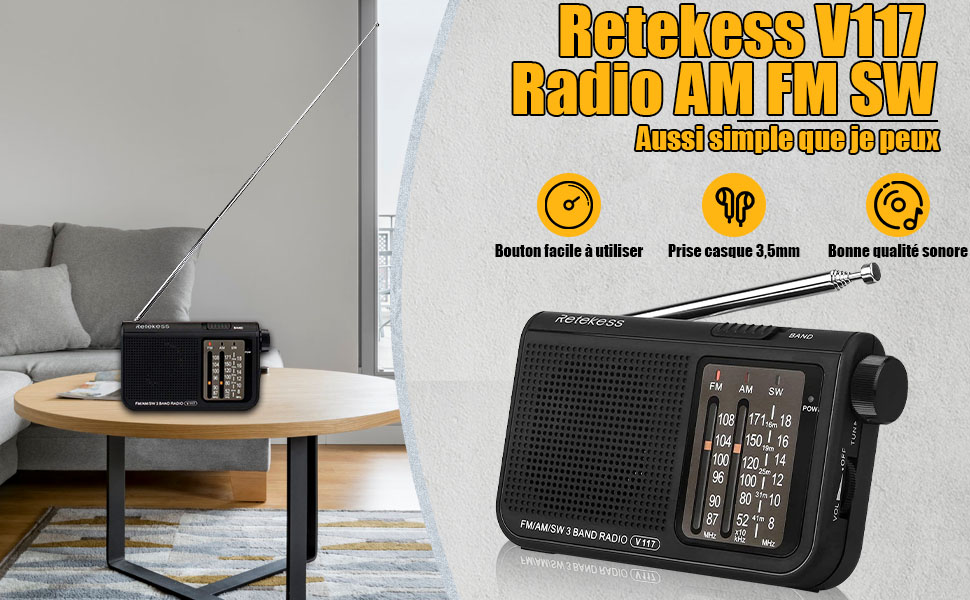 Retekess V117 Poste Radio Portable, Enceinte Radio Vintage FM AM SW, Piles,  Transistor, Antenne, Prise Casque, Survie, Salle De Bain, Cuisine