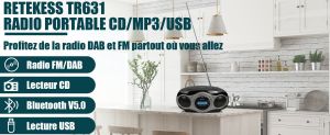 Retekess TR631 Dab Radio avec CD Lecteur, Portable CD Lecteur avec Bluetooth Boombox, Support USB AUX, Stéréo, Alarme, Minuterie de Veille , LCD Rétroéclairage, Stéréo doloremque