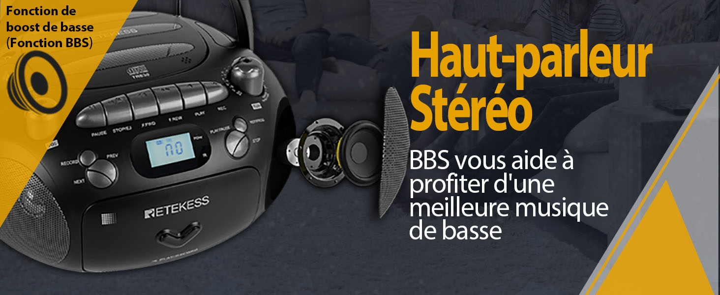 Retekess TR630 Lecteur CD Portable et Enregistreur de Cassettes avec Télécommande, Radio FM AM, Lecture USB/TF Carte, Piles et Secteur, Support Son Stéréo（Noir）