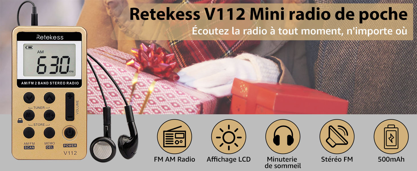 Retekess V112 Mini Radio Portable, Radio FM AM Rechargeable, Baladeur, Minuterie de Sommeil, Prise Casque, d'Extérieur, de Sport, Cadeau de Noël