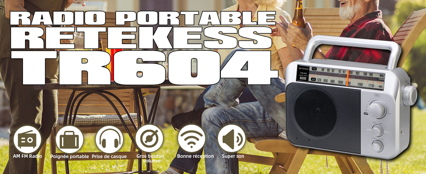 Retekess TR604 Radio Portable FM, Poste Radio Pile et Secteur, Antenne,  Transistor, Enceinte, Prise Casque, pour Personnes Âgées