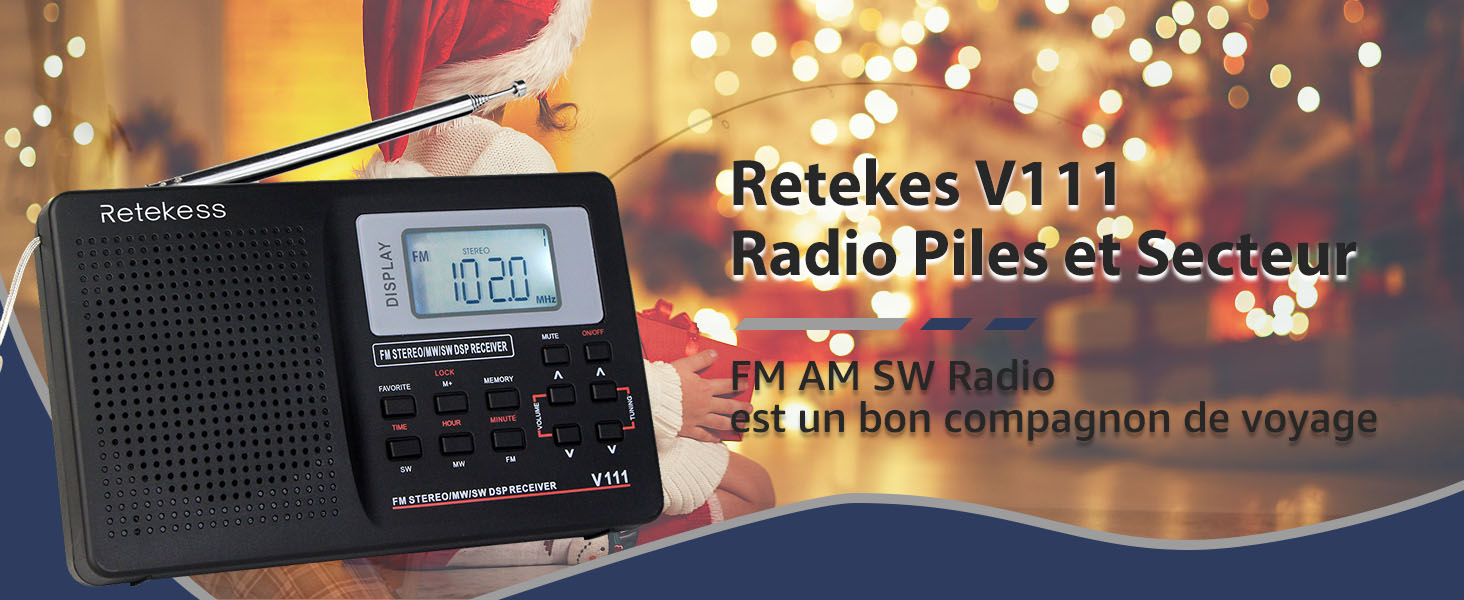 Retekess V111 Poste Radio Portable, Petite Radio FM AM SW, Pile et Secteur,  DSP, Minuterie Sommeil, Station de Magasin, LED, Réveil, Cadeau de Noël