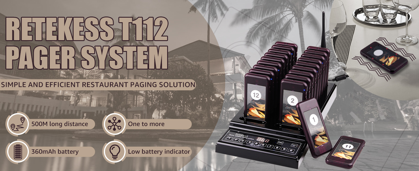 Retekess T112 Bipeur Restaurant Système d’Appel Pager System Amélioré 20 Bipper Longue Portée 999 Canaux Rester Distanciation Sociale sans Contact pour Restaurant Bar Hôpital Snack Café