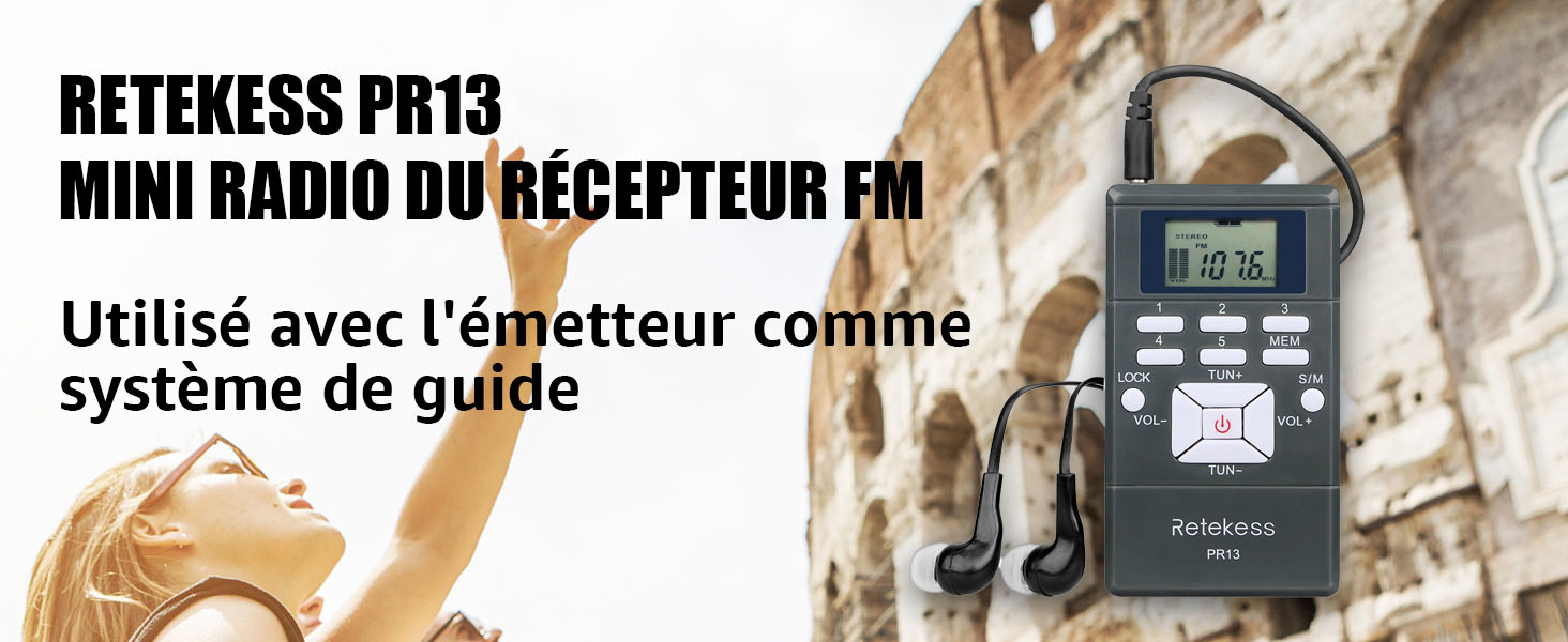 Retekess PR13 Mini Récepteur FM, Radio Portable Stéréo Horloge Numérique pour la Conférence Interprétation Simultanée et Équipe de Guide Touristique