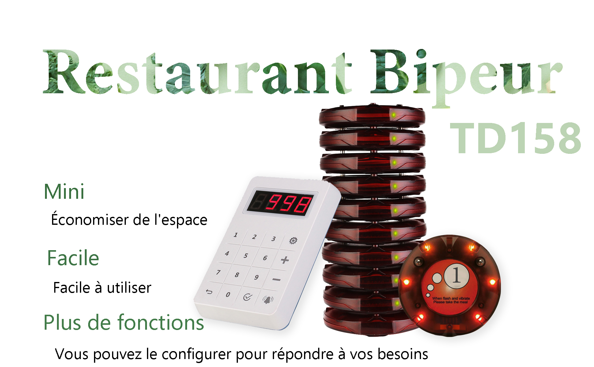 Retekess TD158 Restaurant Bipeur Mini Système d'Appel sans Fil Tube Écran  Tactile Charge Lumineux(1 Émetteur Clavier + 20 Pages)