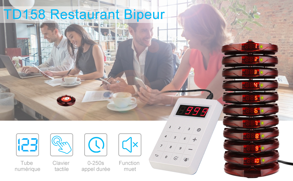 Retekess TD158 Restaurant Bipeur Mini Système d'Appel sans Fil Tube Écran  Tactile Charge Lumineux(1 Émetteur Clavier + 20 Pages)